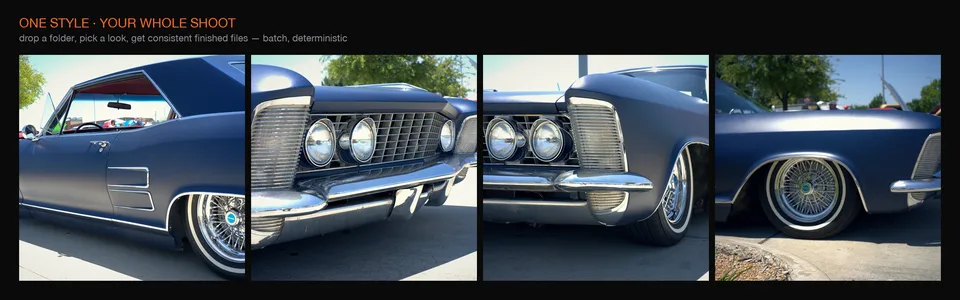 One style across a whole shoot — batch, deterministic