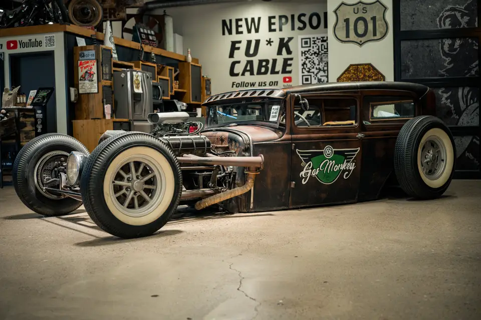 Rat rod in the shop, blower out front