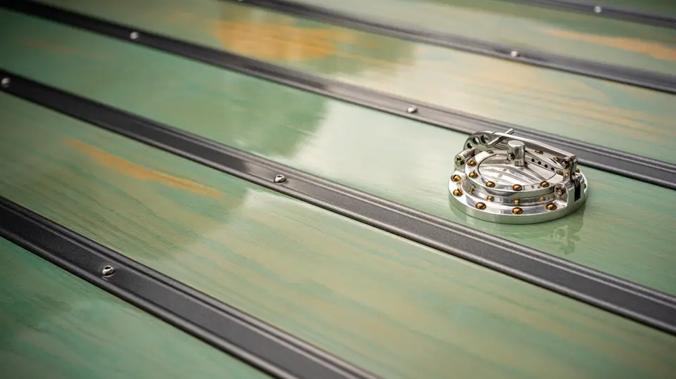 Stained wood deck and a brass-bolted filler cap