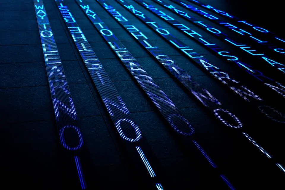 Words climbing the steps in blue